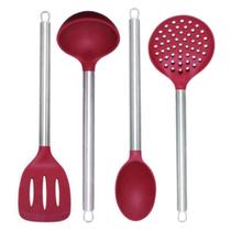 Jogo Utensilios Cozinha Silicone Cabo Inox Premium 4 Peças