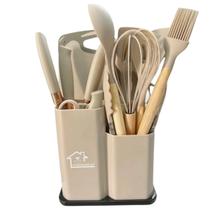 Jogo utensílios cozinha silicone cabo madeira 19 peças completo faca tabua tesoura batedor ovos Jogo utensílios cozinha silicone cabo madeira 19 peças completo faca tabua tesoura batedor ovos