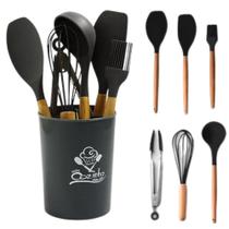 Jogo Utensílios De Cozinha 7 Peças Silicone Colher Madeira