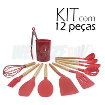 Jogo Utensílios de Cozinha madeira silicone vermelho