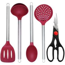 Jogo Utensilios de Cozinha Silicone Cabo Inox Premium Kit 5 Peças Resistente Jogo Utensilios de Cozinha Silicone Cabo Inox Premium Kit 5 Peças Resistente