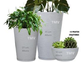 Jogo Vasos Luxo Grafiato Planta Casa Jardim Decoração P M G-Cinza
