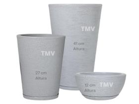 Jogo Vasos Luxo Grafiato Planta Casa Jardim Decoração P M G-Cinza