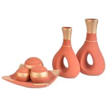 Jogo Vasos Par Furados E Centro Mesa 3 Esferas Cerâmica