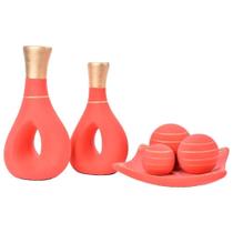 Jogo Vasos Par Furados E Centro Mesa 3 Esferas Cerâmica