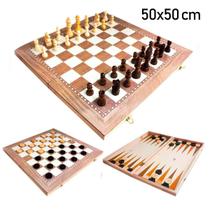 Jogo Xadrez Dama Gamão 3 Em 1 50x50 Madeira Tamanho Grande Jogo Xadrez Dama Gamão 3 Em 1 50x50 Madeira Tamanho Grande