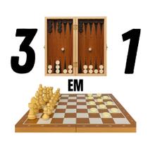 Jogo Xadrez Damas Gamão 3 em 1 Tabuleiro de Madeira 34x34cm com Estojo Jogo Xadrez Damas Gamão 3 em 1 Tabuleiro de Madeira 34x34cm com Estojo