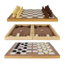 Jogo Xadrez Damas Gamão 3 em 1 Tabuleiro de Madeira 34x34cm com Estojo