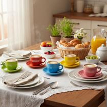 Jogo xicara cafe c/pires ceramica 140ml momentos 12pçs coloridas expresso conjunto