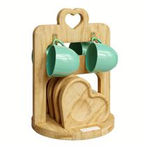 Jogo Xicara Café Verde Porcelana com Pires e Suporte Madeira - Mundo da Porcelana