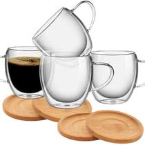 Jogo Xicara Vidro Duplo Caneca Parede Dupla 4un 250ml Com Pires de Bambu Jogo Xicara Vidro Duplo Caneca Parede Dupla 4un 250ml Com Pires de Bambu