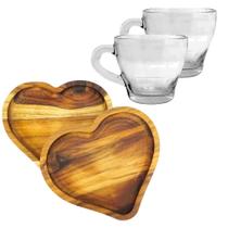 Jogo Xícaras 90ml Chá + Pires de coração Madeira Teca