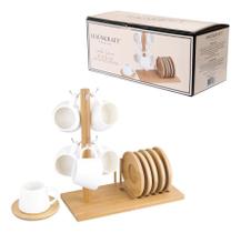 Jogo Xícaras Café 90ml Oasis com Pires Suporte Bambu Premium 7 Peças