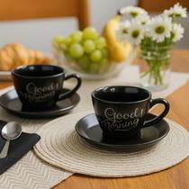 Jogo xicaras cafe pires ceramica good day preta 180ml4pçs cha Jogo xicaras cafe pires ceramica good day preta 180ml4pçs cha