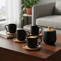 Jogo Xícaras Café Porcelana 90ml Hauskraft Oásis Preto com Pires de Bambu e Açucareiro Jogo Xícaras Café Porcelana 90ml Hauskraft Oásis Preto com Pires de Bambu e Açucareiro