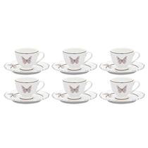 Jogo Xicaras de Café Com Pires 75ml Kit 6 Peças Porcelana Soleil Encantada Oxford Borboleta