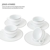 Jogo Xicaras De Café Com Pires 90ml Kit 4 Peças Borda Prata Porcelana Majesty Silver Luxo
