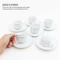 Jogo Xicaras De Café Com Pires 90ml Kit 6 Peças Borda Prata Porcelana Majesty Silver Luxo