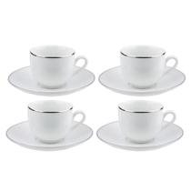 Jogo Xicaras De Café Com Pires 90ml Porcelana Kit 4 Peças Borda Prata Luxo Legacy Silver