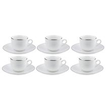Jogo Xicaras De Café Com Pires 90ml Porcelana Kit 6 Peças Borda Prata Luxo Legacy Silver