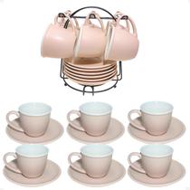 Jogo xicaras de cafe com pires e suporte 100 ml 13 pç rosa
