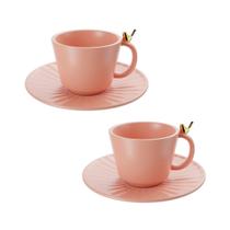 Jogo Xicaras de Cha 2 Unidades Ceramica Colibri C/ Pires 170ML Rosa Wolff Premium