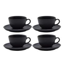 Jogo Xicaras de Chá Café Com Pires 4pcs 200ml Cerâmica Oxford Preto Flat Ônix