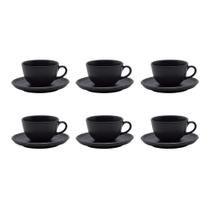 Jogo Xicaras De Chá Café Com Pires 6 Peças 200ml Cerâmica Flat Ônix