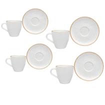 Jogo Xícaras De Chá Café Com Pires Kit 4 Peças 200ml Rustico Borda Marrom Porcelana Tramontina