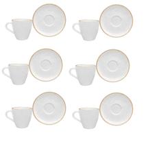 Jogo Xícaras De Chá Café Com Pires Kit 6 Peças 200ml Rustico Borda Marrom Porcelana Tramontina