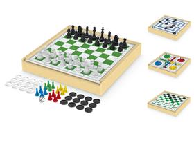 Jogos de Tabuleiro 4 em 1 Xadrez, Ludo, Damas e Trilha Estojo em Madeira