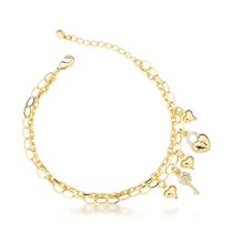 Joia de Amor - Pulseira Corrente Dupla Banhada a Ouro 18k com Cristais e Corações Joia de Amor - Pulseira Corrente Dupla Banhada a Ouro 18k com Cristais e Corações
