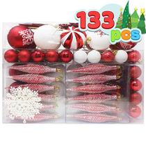 Joiedomi 133 Pcs Enfeites de Natal, Enfeites de Natal Variados Shatterproof para Feriados, Decoração de Festa Interior / Exterior, Enfeites de Árvore, e Eventos (Vermelho e Branco)