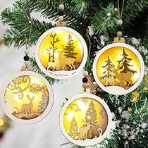 Joiedomi 4 Pcs LED enfeites de Natal de madeira pendurados enfeites de rena para férias internas / ao ar livre, decoração de festas, enfeites de árvores, eventos e Natal