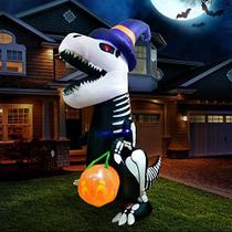 Joiedomi Halloween 8 FT inflável esqueleto dinossauro com built-in LEDs explodir infláveis com abóbora para festa de Halloween interior, ao ar livre, quintal, jardim, gramado decorações