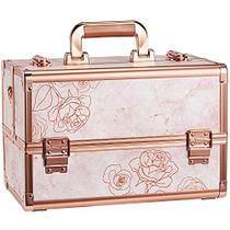 Joligrace Makeup Train Case Professional - 13,5 polegadas Artista Portátil Lockable Alumínio Cosmético Caixa de Armazenamento Organizador com 4 Divisórias Ajustáveis Bandejas 2 Fechaduras e Correia de Ombro Ouro Rosa