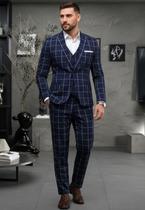 Jordhan Alta Costura Poliviscose Xadrez Azul Terno Masculino Alfaiataria Premium Príncipe de Gales
