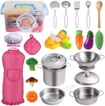 Juboury Kitchen Pretend Play Toys with Inoxidy Steel Cookware Pots and Pans Set, Cooking Utensils, Apron & Chef Hat, Cutting Vegetables for Kids, Girls, Boys, Toddlers