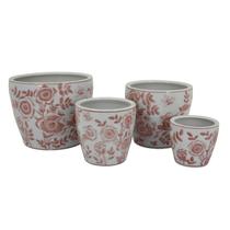 Juego de macetas Benzara Kerry de cerámica blanca con diseño floral rosa de 4 piezas