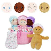 June Garden My First Basket Plush Baby Doll Set - Inclui 1 cesta e 4 bebês de pelúcia macia multicultural com expressões emocionais para bebês e crianças nascerem e para cima