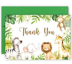 Jungle Safari Cartões de agradecimento com envelopes, 50 Jungle Animals Baby Shower Notas de agradecimento, 4 x 6 cartões de agradecimento Safari Baby Shower & Wild One Birthday Party