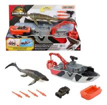 Jurassic world Rebirth Matchbox - Barco Resgate C/ Guincho e Dispara dardos 33 Cm ( vai na agua) - Mosasaurus 34 Cm Bot