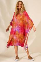 Kaftan Amplo Midi com Decote Amplo Rosa Estampado Yacamim J4