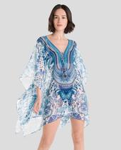 Kaftan Feminino Estampado com Pedraria Macio Azul Lohe Kaftan Feminino Estampado com Pedraria Macio Azul Lohe
