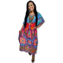 Kaftan Longa Indiana Saída de Praia Estampada Luxo Boho Chic