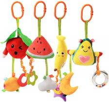 KAKIBLIN Baby Hanging Rattle Toys, 4 Pack Car Seat Stroller Toys Soft Squeaky Toys for Baby Newborn Infant Car Bed Crib Travel Activity, Fruit