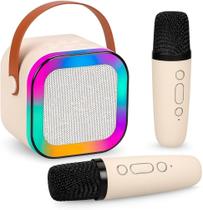 Karaokê Infantil Portátil com LED, Caixa de Som Bluetooth, 2 Microfones Sem Fio, Recarregável