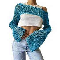KEOMUD Blusa Cropped Feminina de Crochê em Tela Manga Longa Azul