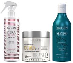 KeraKen Queratina Hidrolisada 300ml + Máscara Luxurious Ouro Branco 500g + Shampoo Detox Antirresíduos 500ml - Blueken