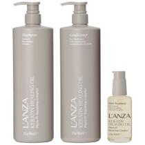 Keratin Oil Shampoo, Condicionador Lustrous 950ml e Oil Hair Treatment Lanza